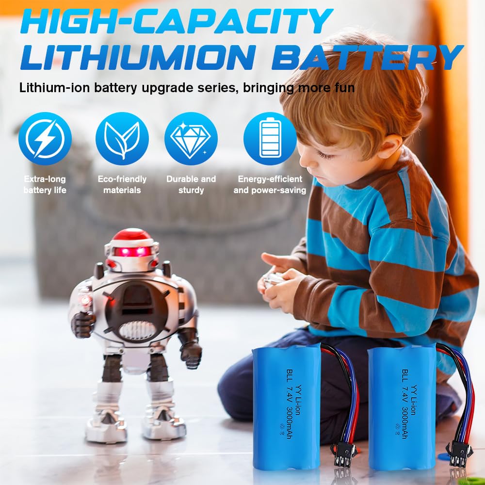 Lot de 2 Batteries Li-ION Rechargeables 7.4 V 3000 mAh avec Fiche SM-3P et Chargeur, Batterie au Lithium pour Véhicules Télécommandés, Chars, Cascadeurs et Robots