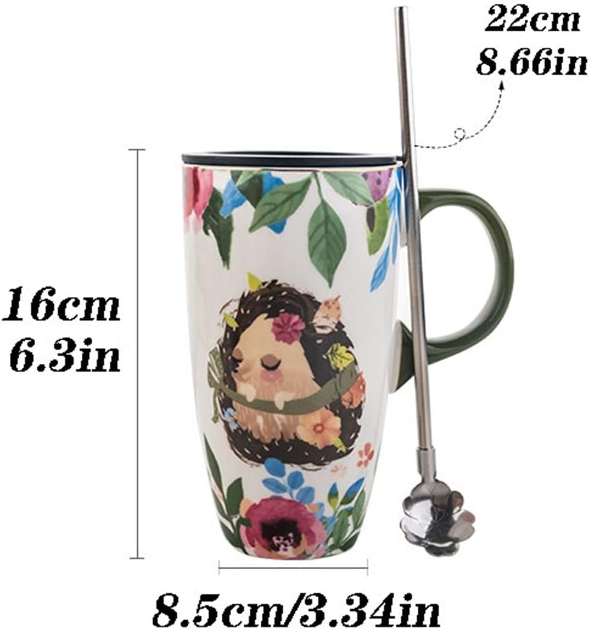 Taza de café de 550 ml, Taza de cerámica de Gran Capacidad, Hermosa Taza de Desayuno con Tapa, Taza para Beber para el hogar o la Oficina con Cuchara, Taza de té