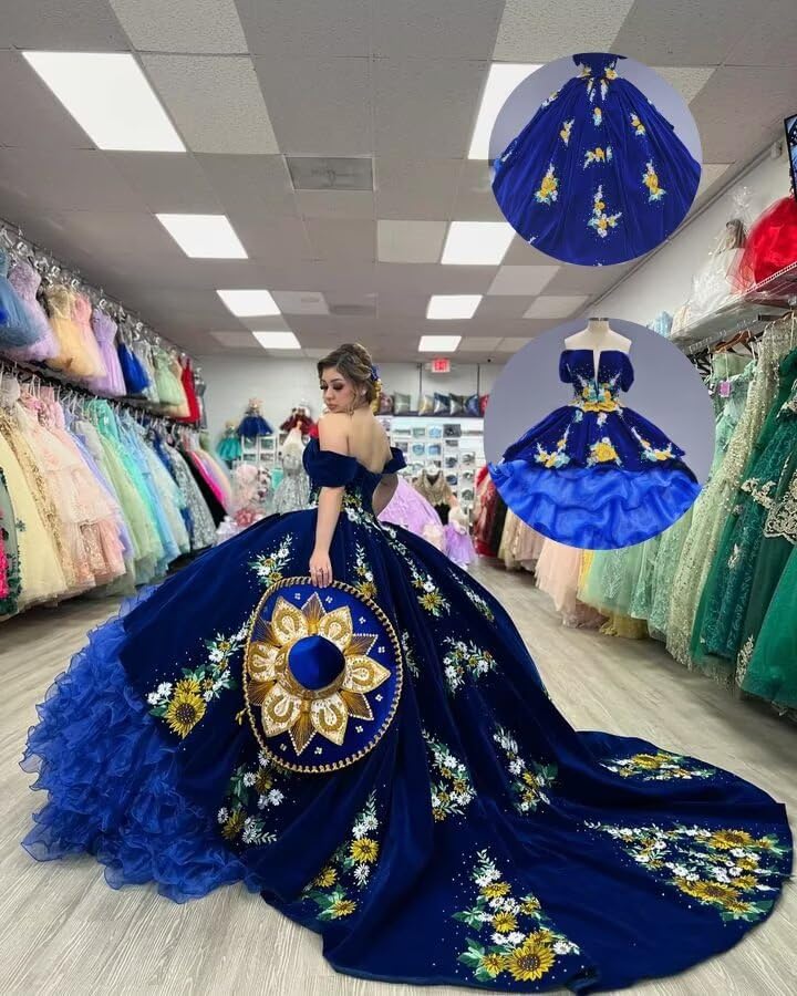 Puffy Velvet Quinceanera Dresses Ball Gown Off Shoulder Sweet 16 Dresses Beaded Sparkly Evening Gown4