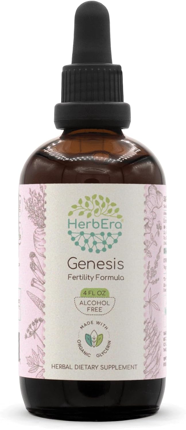 HerbEra Genesis B120 Alcohol-Free Extract Tincture: Vitex Berry, Maca, Dong Quai, Ginger, Shatavari Root,Cinnamon Bark. Wildcrafted: Partridgeberry Herb, False Unicorn Root. Fertility Formula 4 Fl Oz