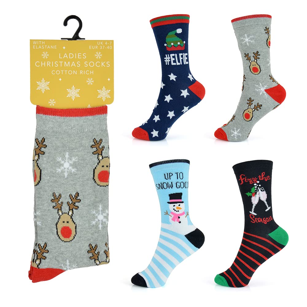 Undercover Women's Mix 2 4 Pairs Xmas Cotton Rich Socks Sk254a (1 X Each) 4-7