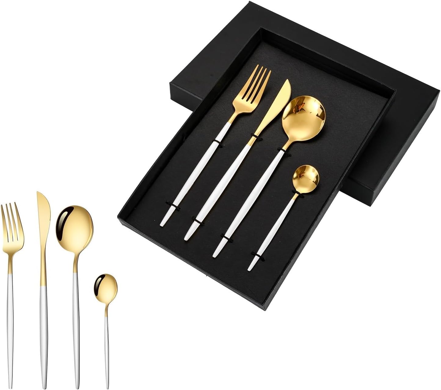 Silverware Flatware Set, 4/16/24/32/40/48 Pieces Stainless Steel Portuguese Tableware Gift Box Hotel Home Meal Steak Knife Fork Spoon(Black Gold,16 Pieces for 4)