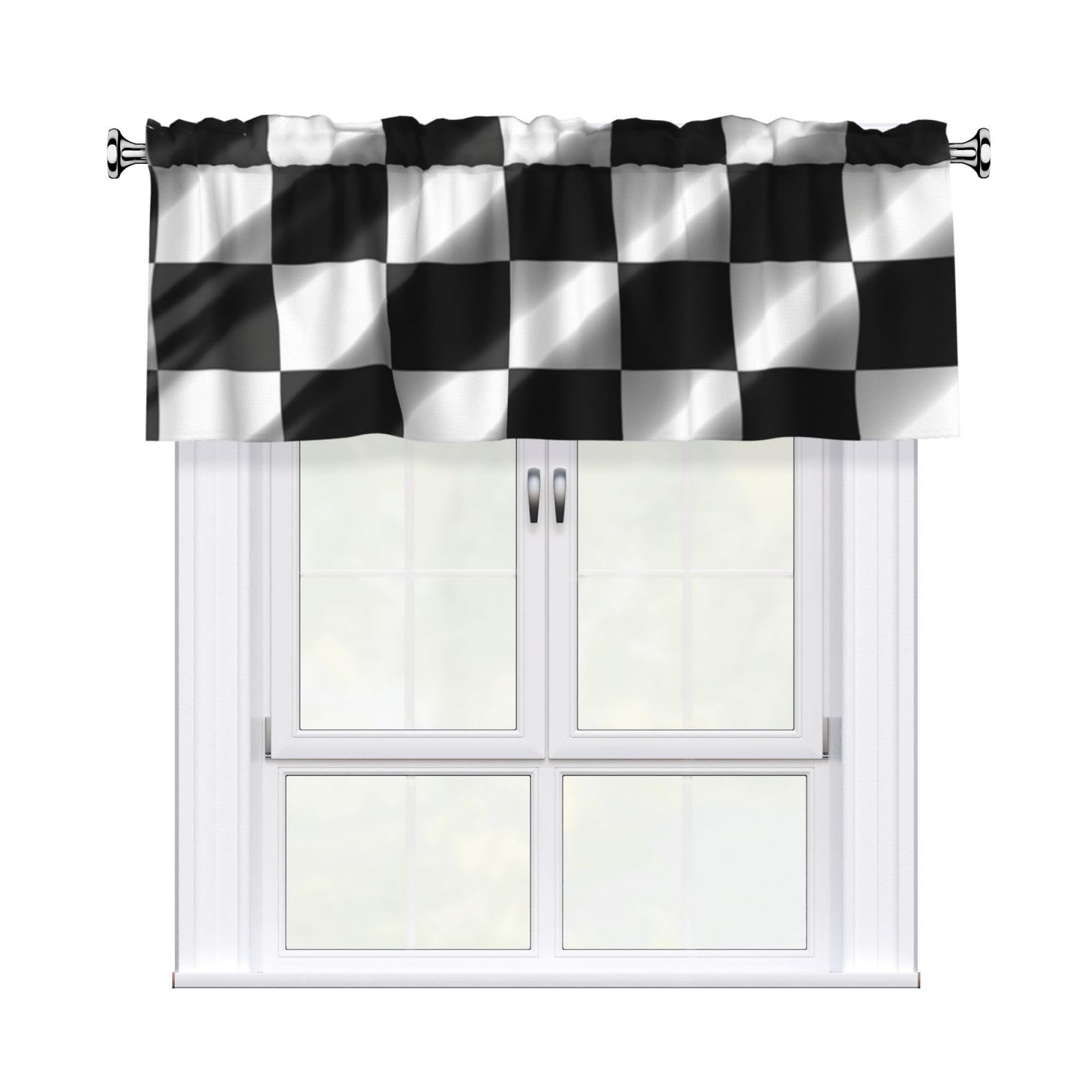 DWVTSLH Black White Race Checkered Flag Valances Curtains for Windows, Rod Pocket Drape Valence Blackout Short Curtains for Kitchen Bathroom Bedroom Window Treatment for Home Décor 54x18 Inch