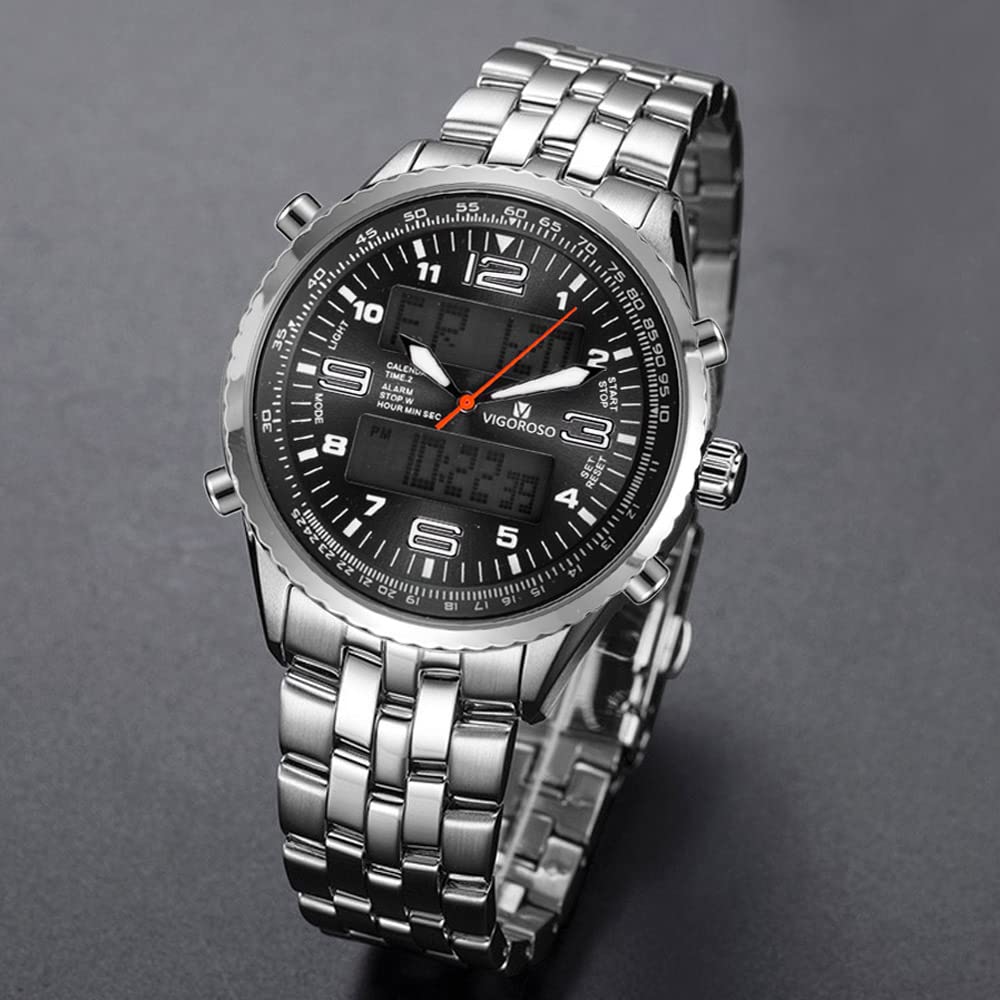VIGOROSO Orologio da uomo analogico digitale a LED, con data, settimana, sportivo, in acciaio nero, da uomo