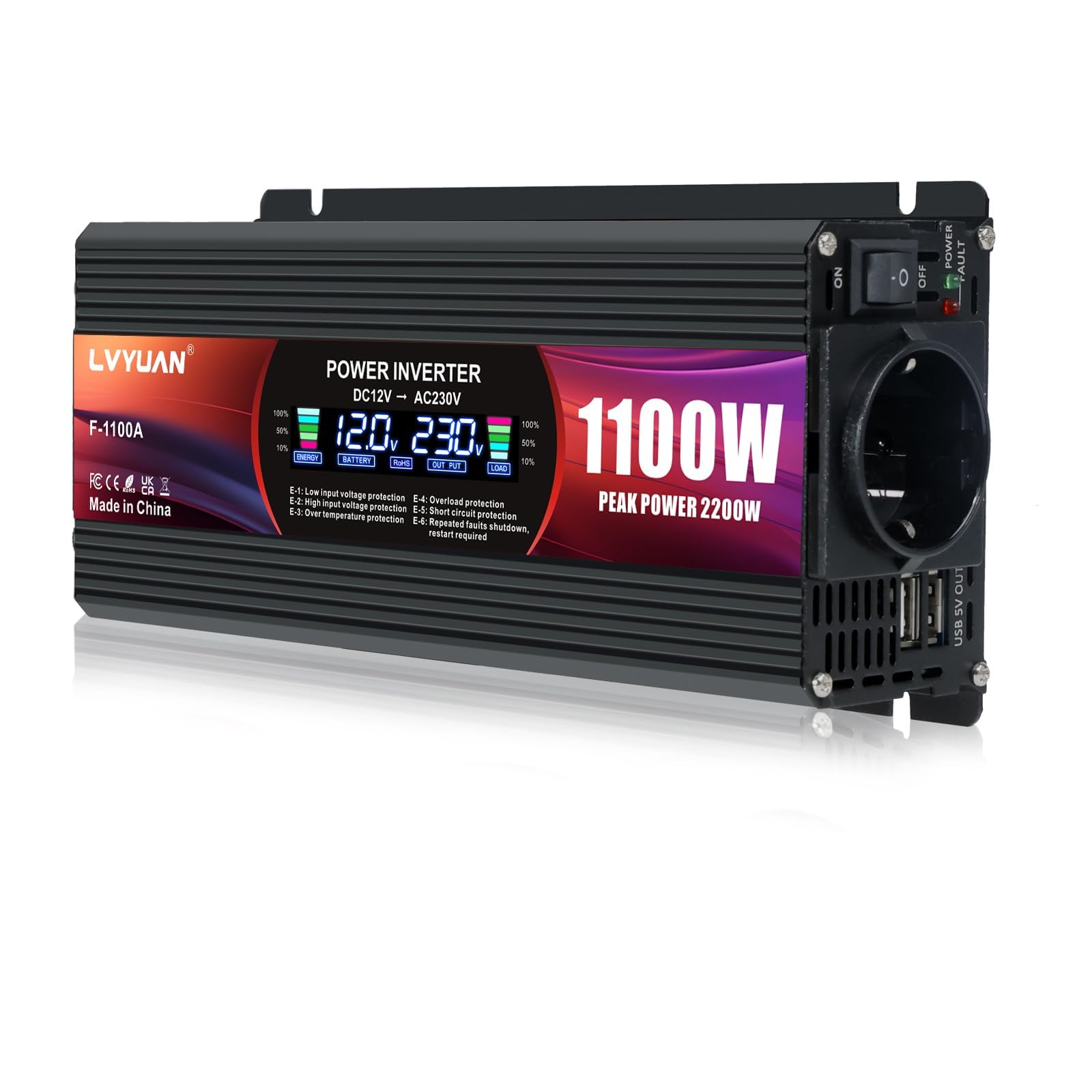 LVYUAN Inversor CC 12V a 220V 230V 1100W/ 2200W Convertidor de Corriente Transformador 2 Puertos USB/enchufes UE