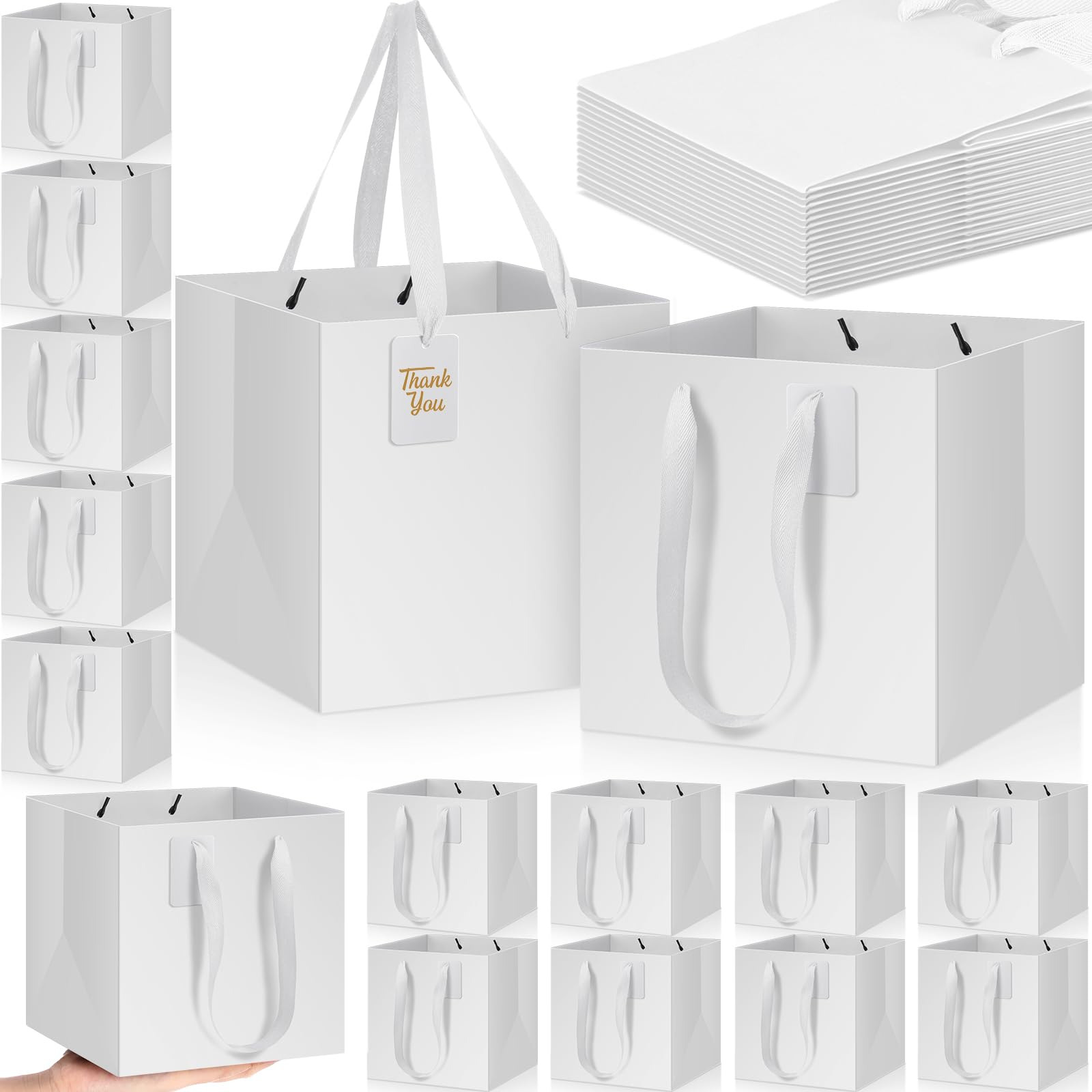 Windyun 50 bolsas de regalo de papel con asa, 25,4 x 25,4 x 25,4 cm, cuadradas, pequeñas, con etiqueta de agradecimiento para cumpleaños, boda, despedida de soltera, dama de honor, fiesta de