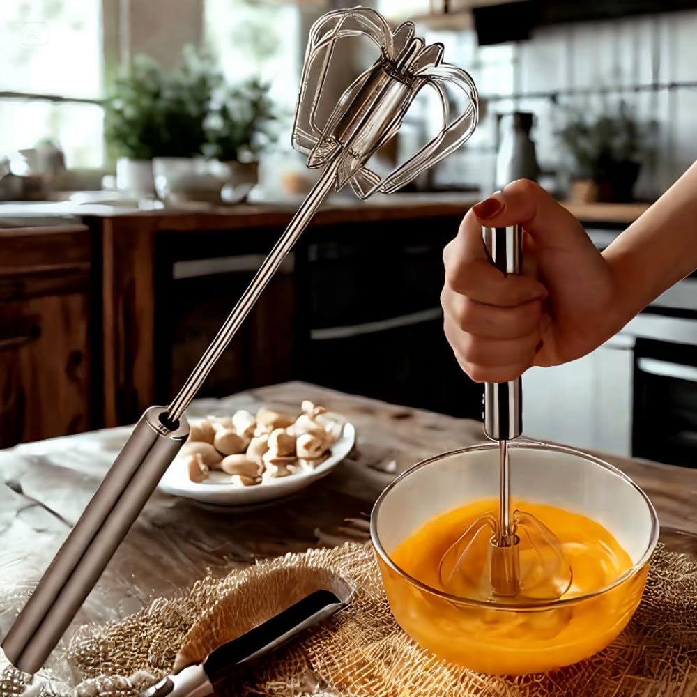 Batidor semiautomático y batidor de huevos de mano, acero inoxidable para cocinar y hornear, agarre cómodo, ideal para mezclar y mezclar