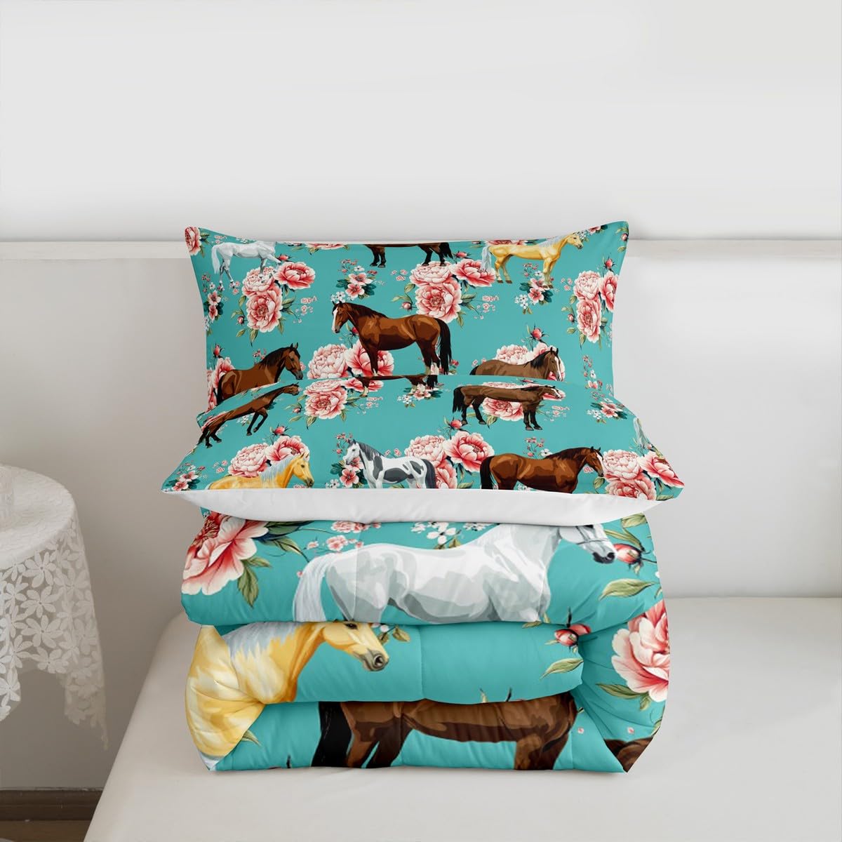 Erosebridal Juego de edredón de caballo para niñas, juego de ropa de cama de flores rosas para niños, edredón de plumón de caballo galopante, juego de edredón para mujeres, vaqueras vaqueras