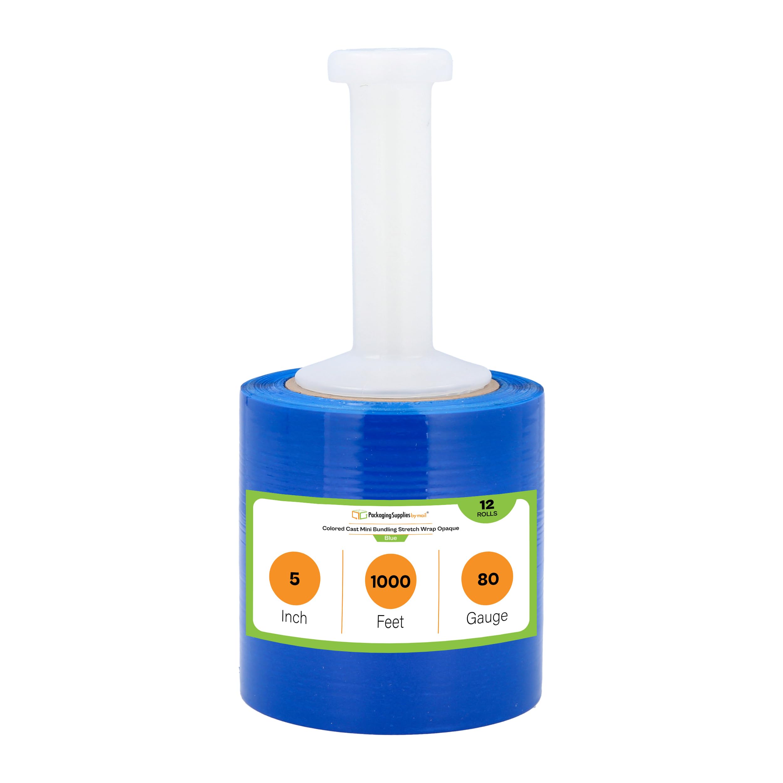 PSBM 12 Rolls 5 Inch x 1000 Feet 80 Gauge Dark Blue Mini Stretch Film/Wrap with Extended Core Handles, Industrial Strength Shrink/Plastic Wrap for