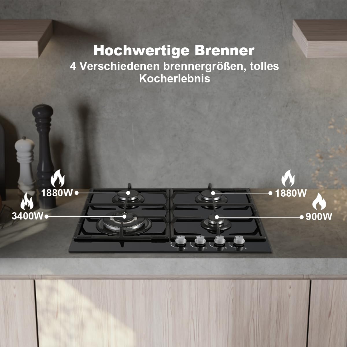 SNDOAS piano cottura 4 fuochi gas, piano cottura vetro con protezione automatica della fiamma, gas naturale e gas propano, nero, 8060 W, 220-240 V