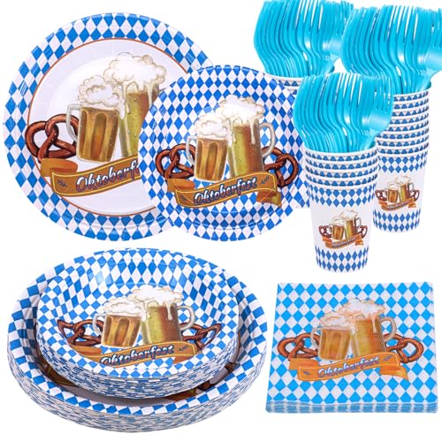Decodinli Oktoberfest Decorations - Oktoberfest Plates and Napkins and Cups Tableware Set for 20 Guests Bavarian themed Paper Plates German Decorations