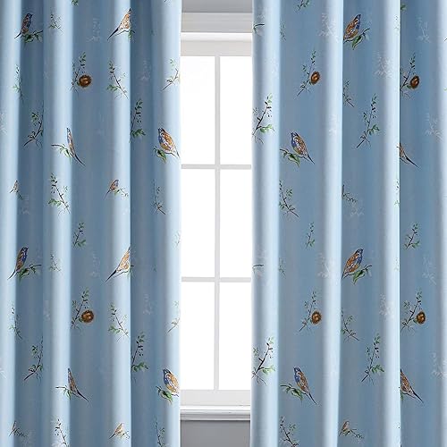 Miniatura 7 de Cortinas opacas de doble cara con estampado de pájaros para dormitorio, 84 pulgadas de largo, 2 paneles de cortinas de ventana azules con