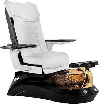 MAYAKOBA Shiatsulogic Pedicure Chair DX with Discharge Pump, Pedicure Spa Black Gold Fixtures LotusII Tub with Remote Button, White Coverset