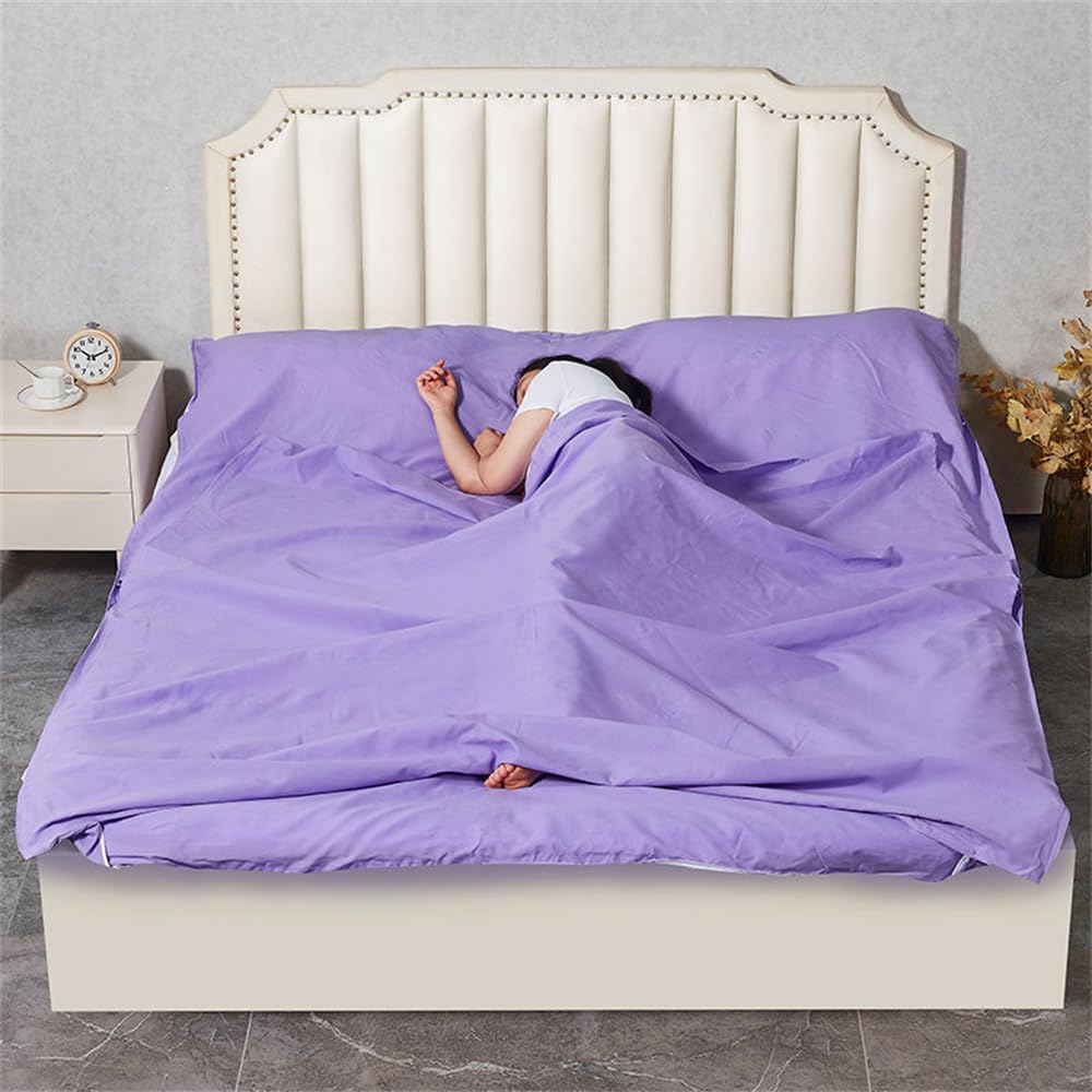 Highdi Sleeping Bag Liner Cotton, Sleeping Bag Liners for Adults Portable Lightweight Sleeping Bag Soft Prevent Dirty Sleep Bag Liner with Pillow Slot for Camping Hostels (Purple,200 * 220CM)