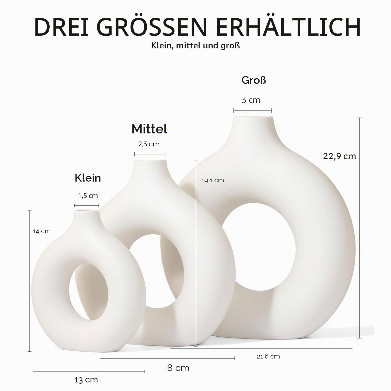 Set aus 3 Vasen Set - Vase Keramik Vasen Deko ohne Blumen, Blumenvase Weiß Deko Aesthetic für Deko Wohnzimmer, Zimmer Deko, Büro Deko und Deko Schlafzimmer