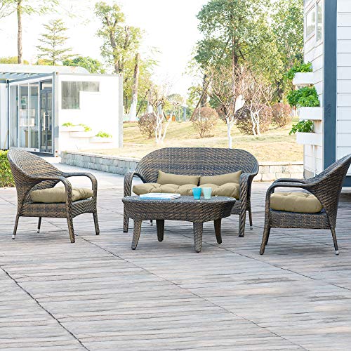 Image of QILLOWAY Outdoor Wicker Cushion Set of 5 - Waterproof Fade Resistant Patio Furniture Cushions, Loveseat 2 U-Shape 2 Lumbar Pillows for Porch, Bench, Backyard, Garden, Beige