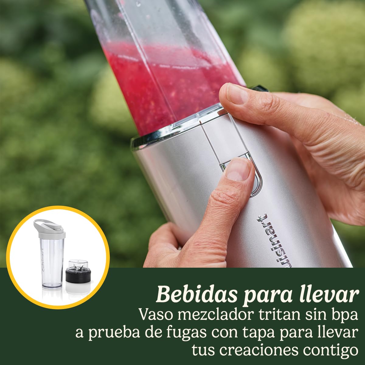 Cuisinart Batidora sin cable para llevar | Botella de 450 ml | Preparadora portátil de batidos, hielo, frappés, batidos | Recargable por USB, de mano | Vaso mezclador Tritan sin BPA con tapa incluida
