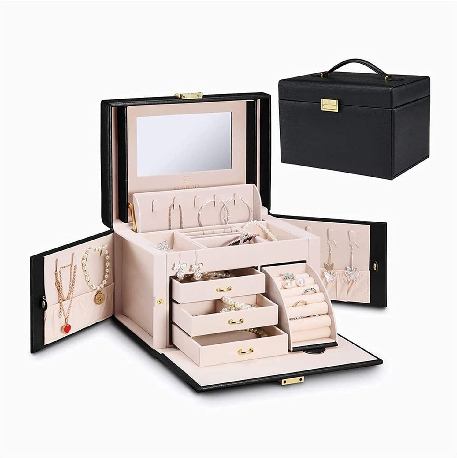 TIANQIHAO Jewelry Box One-Handed Mirrored Jewelry Box Organizer 3 Layers High Capacity Soft Pu Leather Wooden Decorative Jewelry Storage Case For Bracelets Earrings Rings Necklaces
