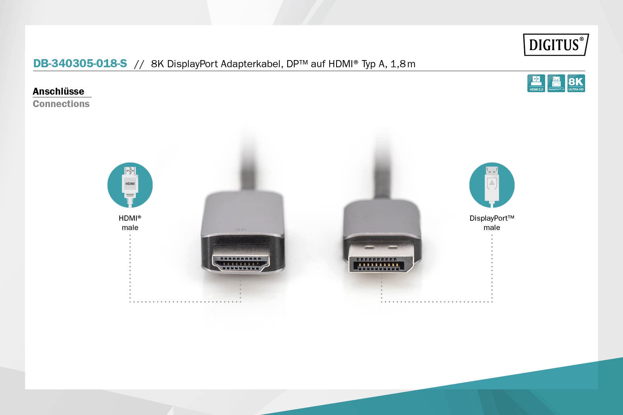 DIGITUS Kabel adapterowy Displayport do HDMI – 1,8m – HDMI 2.1 – Displayport 1.4 – UltraHD 8K/60 Hz – Plug&Play – czarny