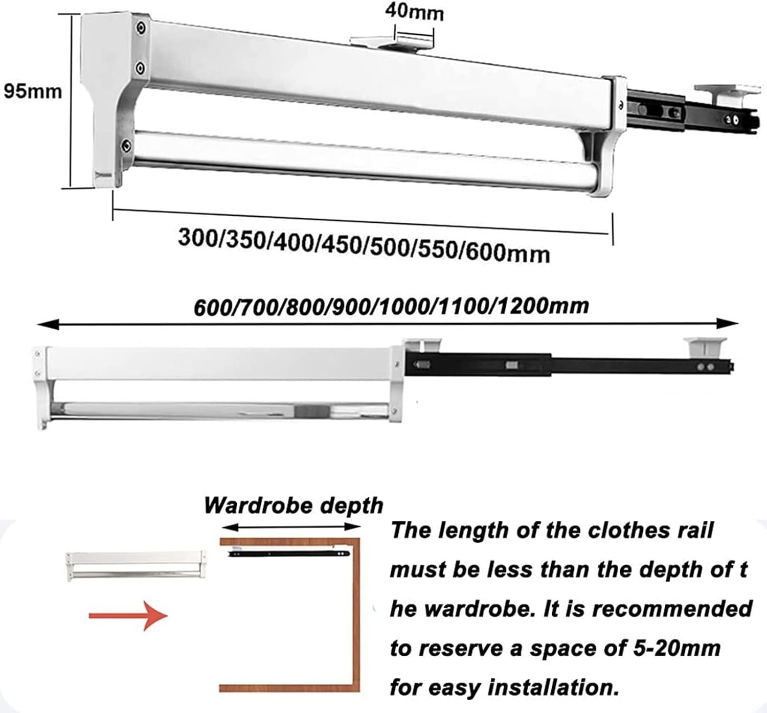 Closet Rod for Hanging Clothes, Bedroom Stainless Steel Wardrobe Rail Tube - Extendable Pull Out Closet Rod, 30-60cm Adjustable Wardrobe Rods, Sliding Closet Rod For Wardrobe, For Trousers Clothing St