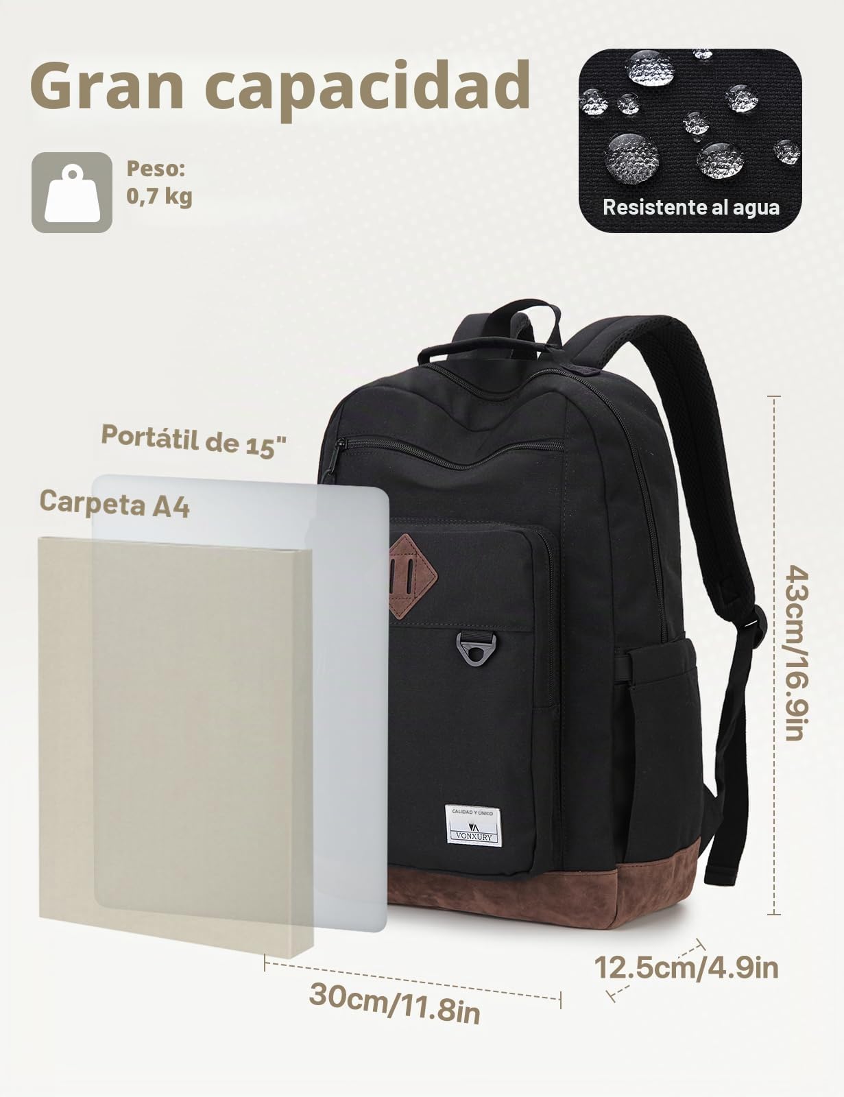 VX VONXURY Mochila Portátil, para Hombre y Mujer Universitarios 15.6 Pulgadas Antirrobo e Impermeable - Unisex para Trabajo, Instituto, Viaje Negocios