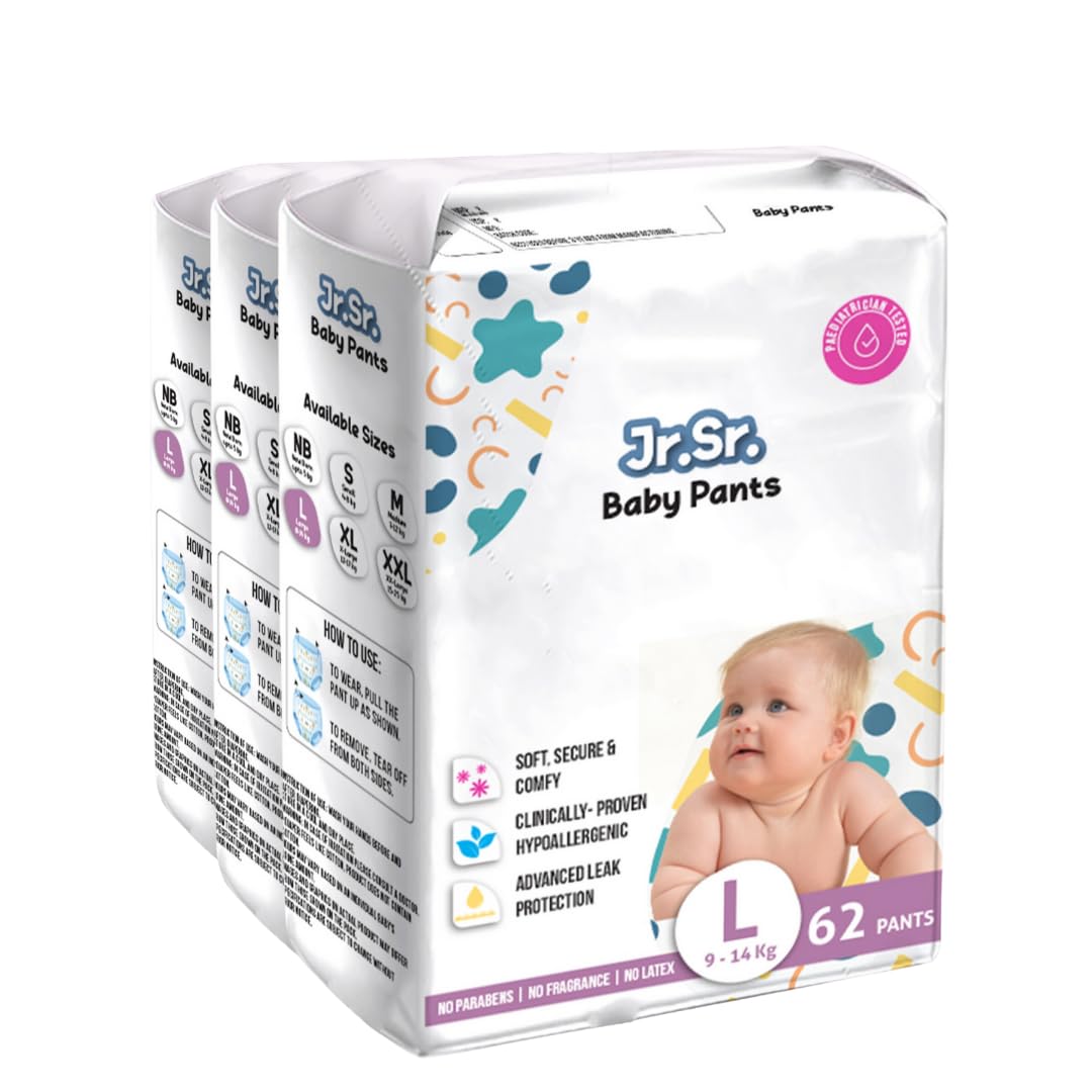 Jr. Sr. Baby Diaper Pants with Advanced Leak Protection | Soft & Comfortable| Large | 9-14 Kg | 186 Counts | Pack of 3