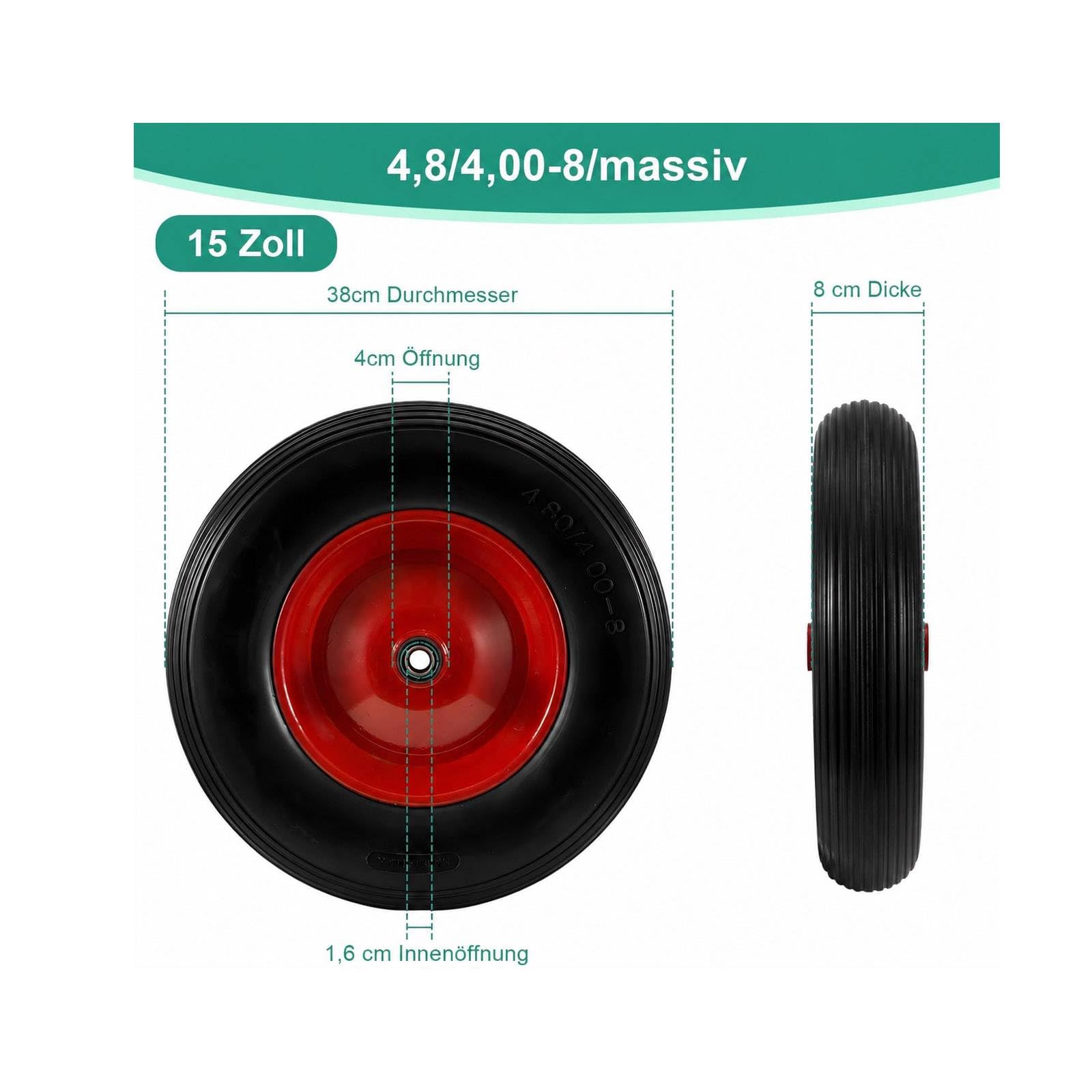 Schubkarrenrad 4.80/4.00-8 PU Vollgummi pannensicher – Ersatzrad für Schubkarre mit Rillenprofil, langlebiges PU Rad für Gartenkarre, Sackkarre & Transportwagen