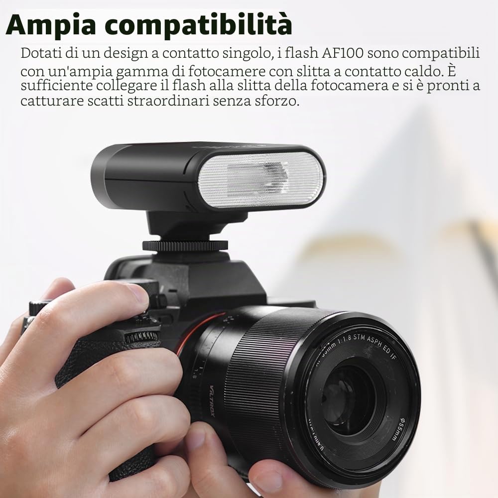Ambitful Flash AF100 Mini Flash - Flash per fotocamera GN12, 8 livelli di potenza, batteria integrata da 2000 mAh Speedlite manuale compatibile per Canon/Sony/Ricoh gr3/Nikon/Fuji 0.1~1.8S riciclo