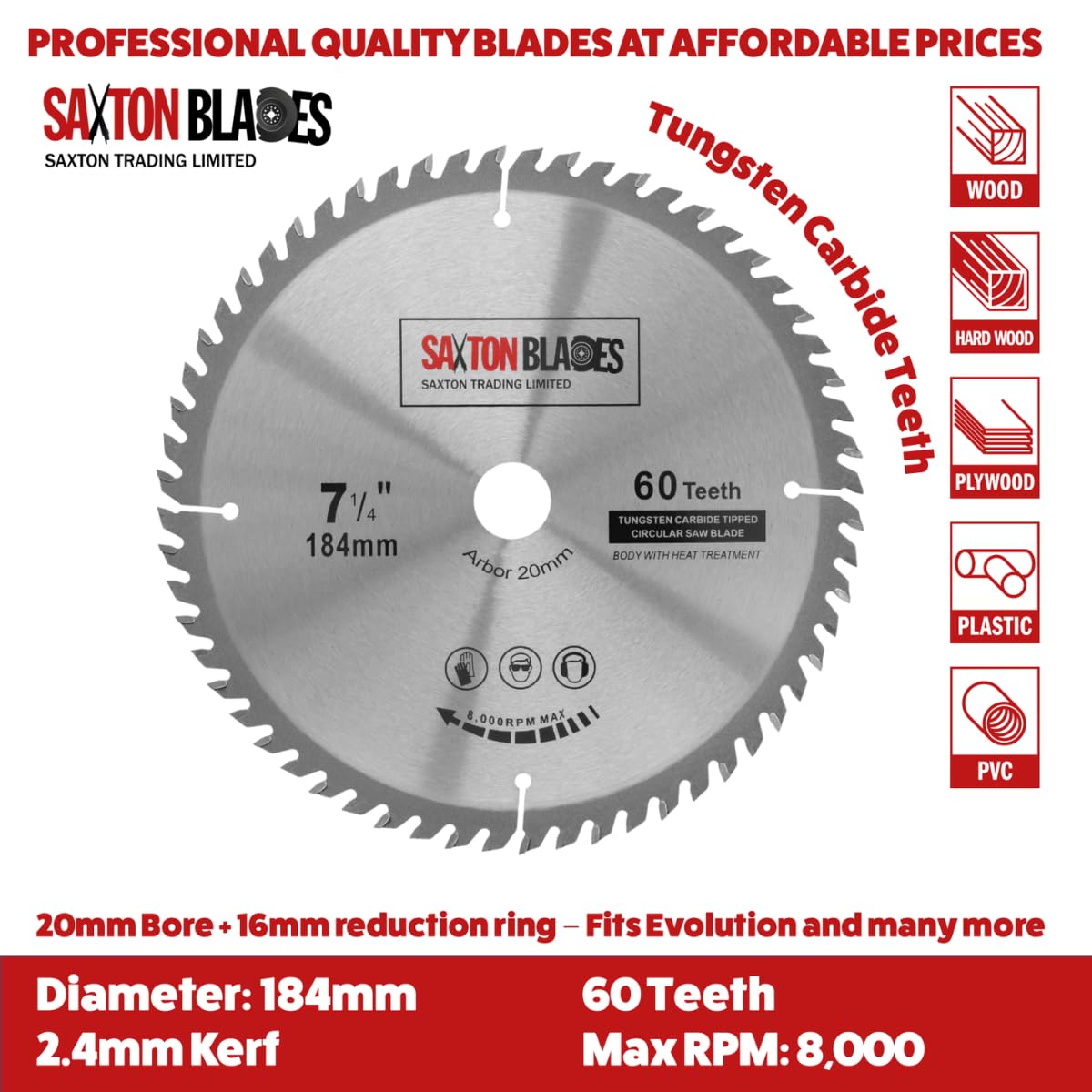 Saxton TCT - Lama circolare da 184 mm, C, foro 20 mm (anello da 16 mm), confezione da 3