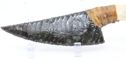 Miniatura 2 de 8-14" Mexican Rainbow Obsidian Flint KnappedKnapping Pressure Flaked Domed Knife Blade Dagger Point Hafted On Deer Antler Handle Using Imitation