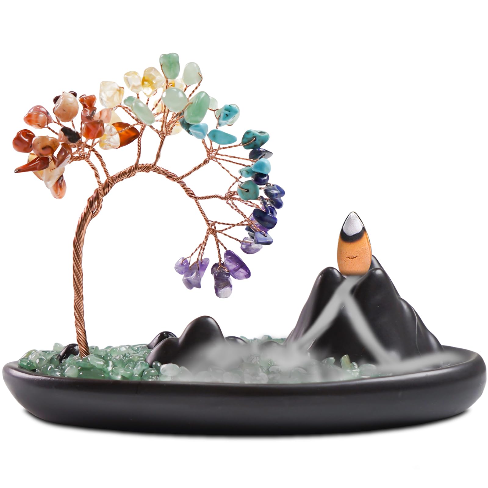 ZONSUSE Räuchergefäß mit Kristallbaum Landschaft, 7 Chakra-Wasserfall Rückfluss Räuchergefäß, Keramik Landschafts Räucherstäbchenhalter, für Meditation Dekoration Aromatherapie Geschenk (Hill Chakra)