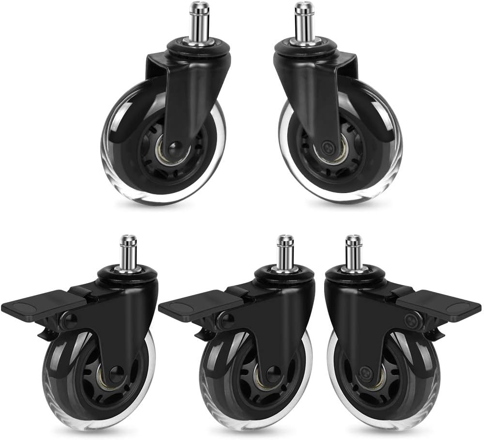 5 Pack Chair Casters (3 with Brakes, 2 Without), 3" Lockable Heavy Duty Swivel Caster Replacements Universal Stem 7/16" x 7/8" for Office Home Chairs