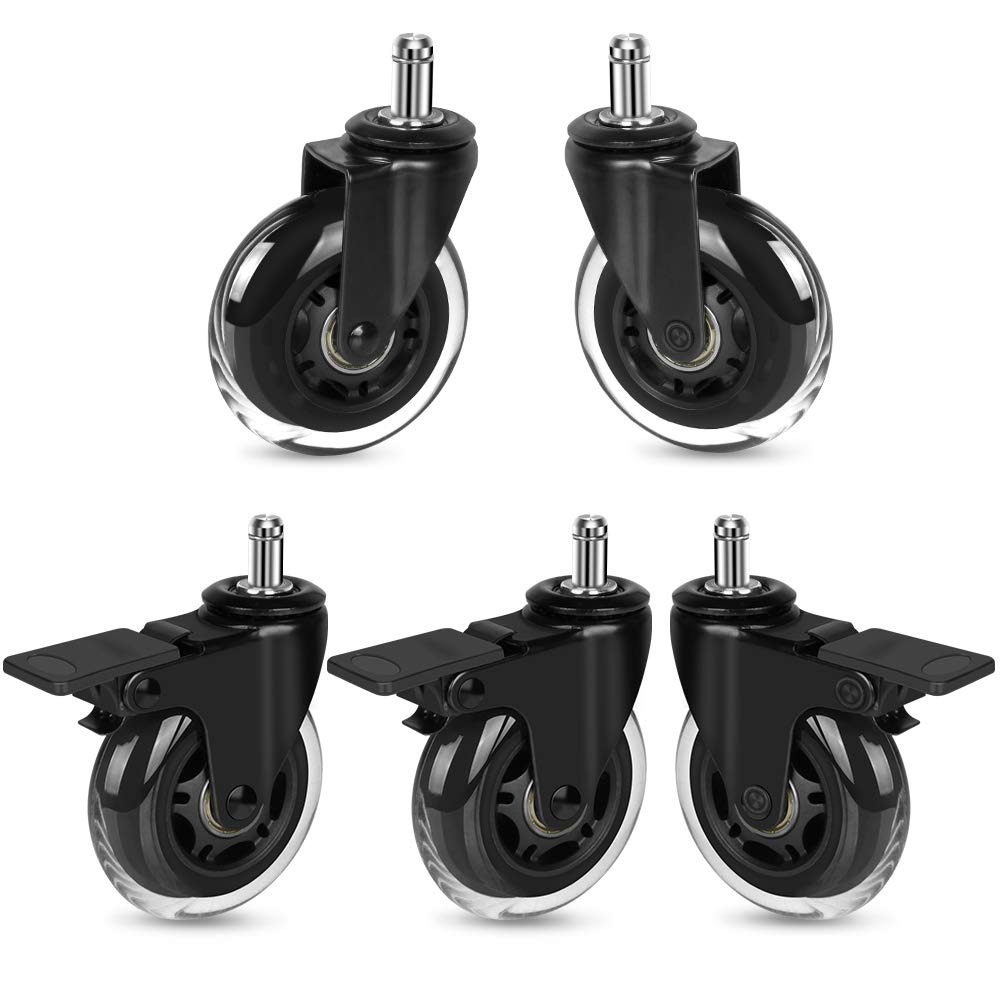 5 Pack Chair Casters (3 with Brakes, 2 Without), 3" Lockable Heavy Duty Swivel Caster Replacements Universal Stem 7/16" x 7/8" for Office Home Chairs