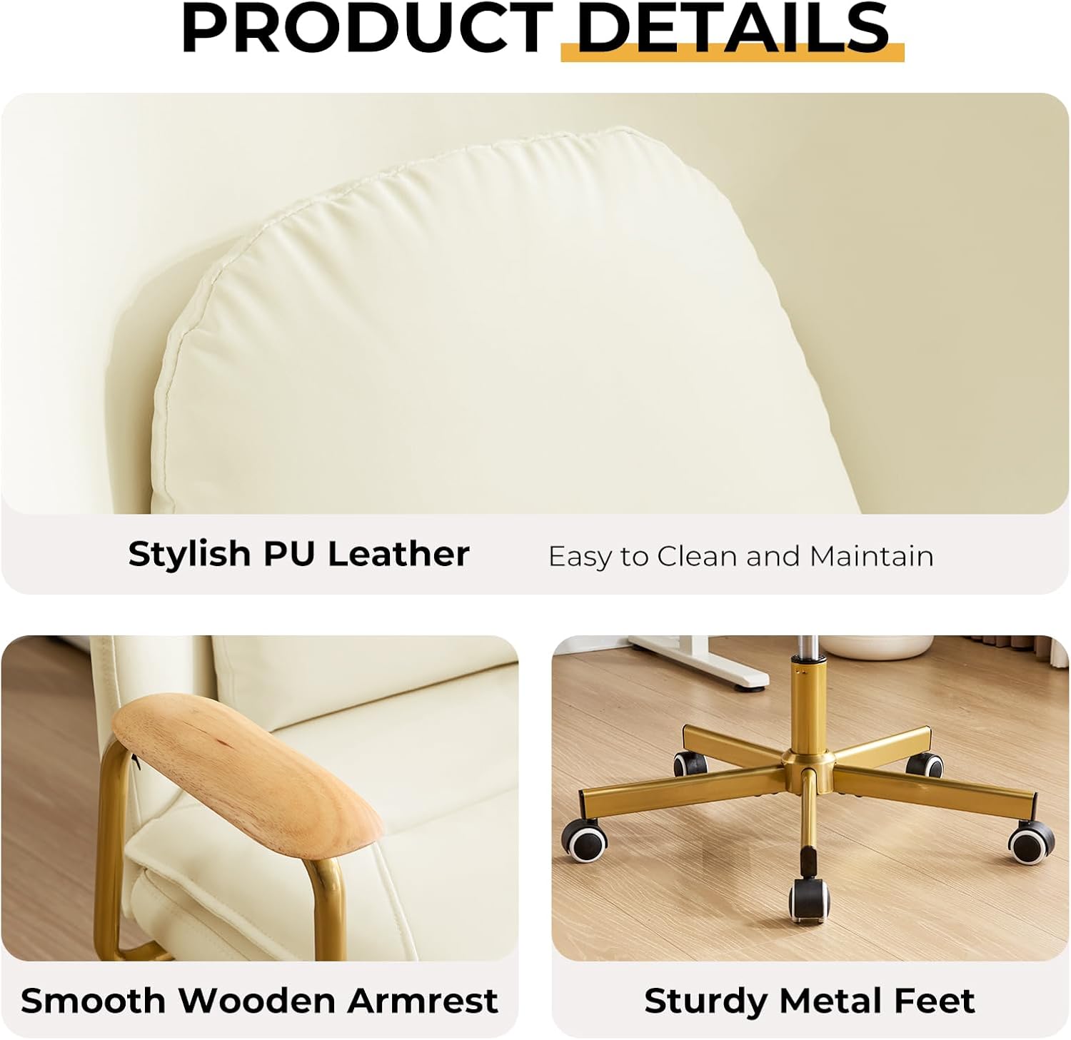 Furniliving Leather Home Office Desk Chairs，Comfy Office Chair, Adjustable Swivel Computer Chair with Golden Legs and Wooden Padded Armrest, Modern Upholstered Task Chair with Wheels,Beige
