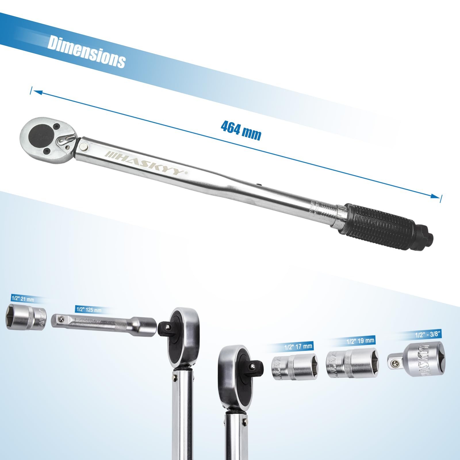 HASKYY Klucz dynamometryczny, 28 do 210 Nm, 1/2", adapter 3/8", 3 gniazda 17, 19, 21 mm, do nakrętki koła