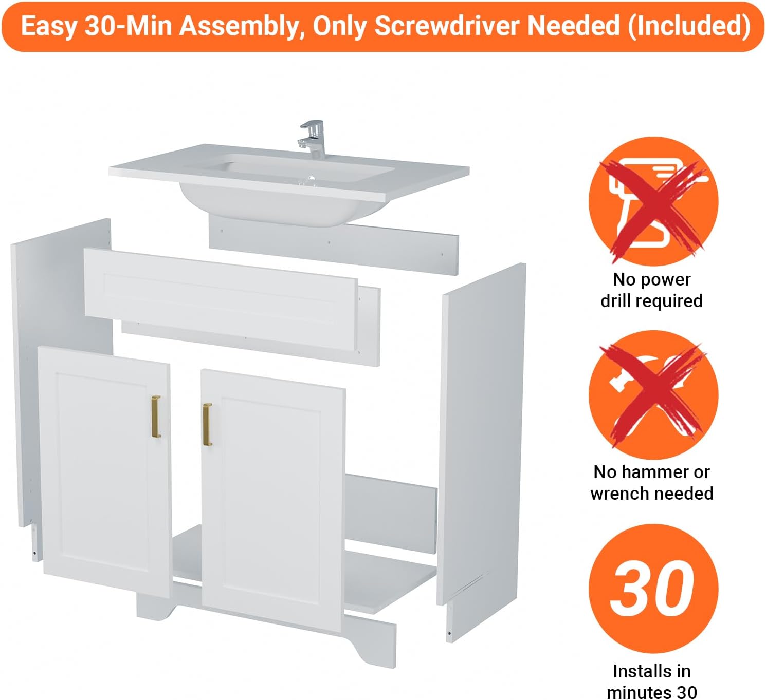 600mm Bathroom Vanity Unit with Basin, Ceramic Basin, Freestanding Bathroom Sink Cabinet, Modern Shaker Design, Soft-Close Door, Single Tap Hole, White with Gold Handles