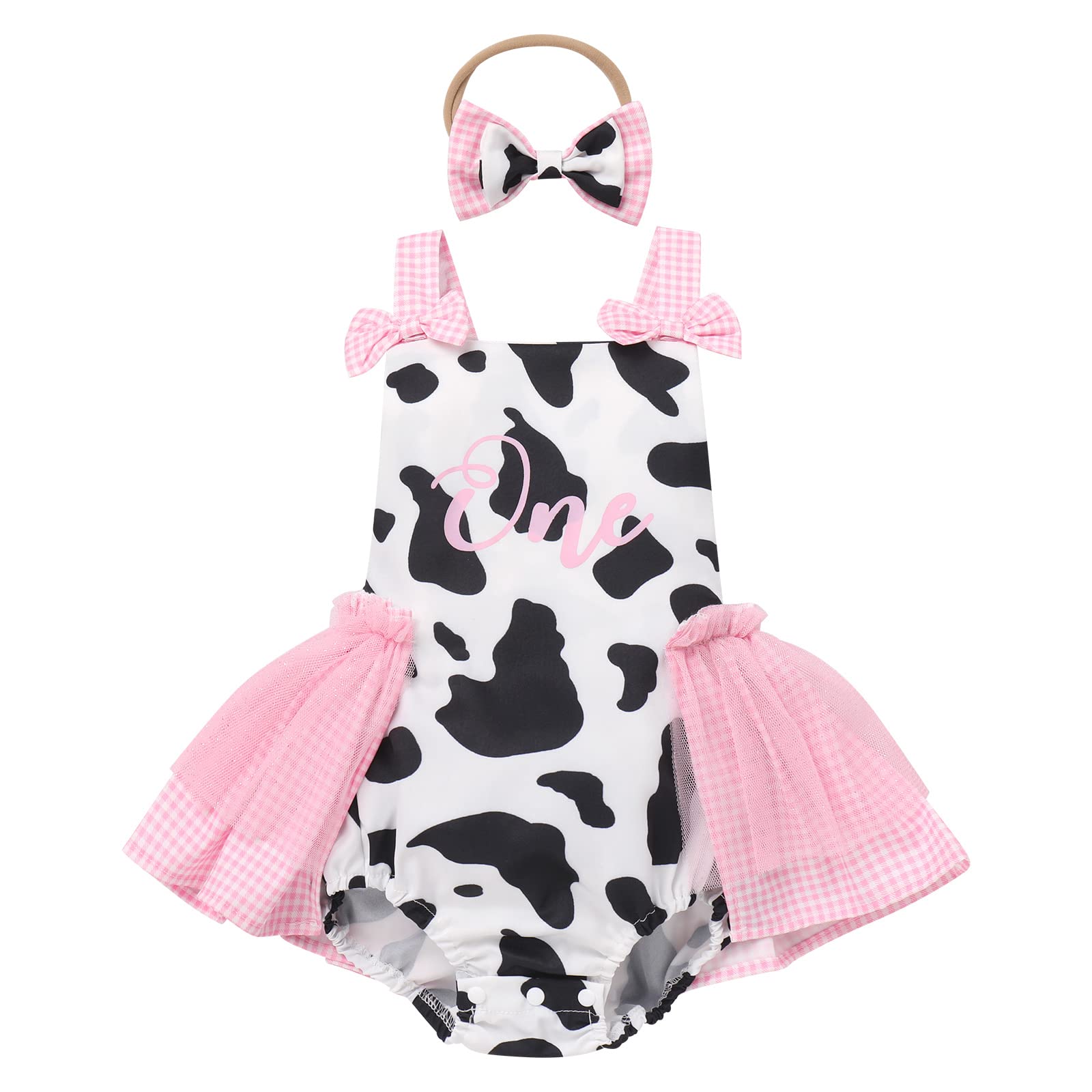 Infant Newborn Baby Girl Romper Dress Toddler First Birthday Cake Smash Outfits One Year Cow Print Bubble Romper Photography Outfits Kids Easter Baptism Onesie Pink Cow (2PCS) 12-18 Months