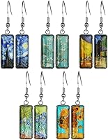 WIRESTER 5 Pairs Van Gogh Glass Rectangle Drop Dangle Earrings for Women - Sunflowers, Starry Night, Irises