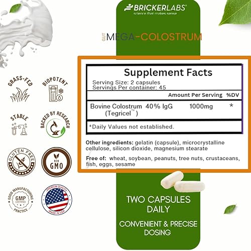 Miniatura 6 de Cápsulas de mega-calostro, salud intestinal, inmunidad, piel y cabello, 1000 mg suplemento de calostro bovino 40% IgG, rico en proteínas bioactivas,