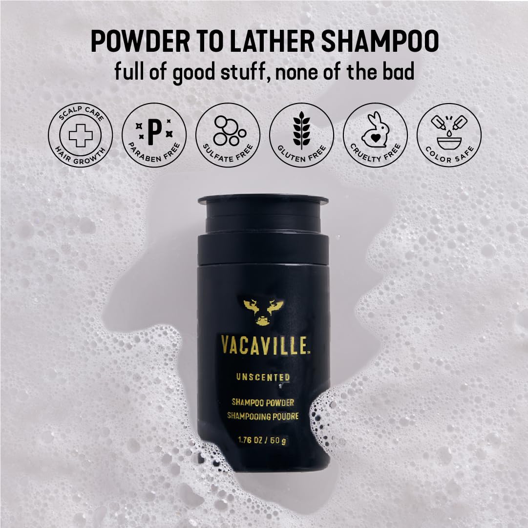 Vacaville Beauty Powder Shampoo for Hair Growth, Unscented | Waterless, Eco Friendly & Travel Shampoo | Natural Vegan Formula for Thinning Hair & Sensitive Scalp | Full Size