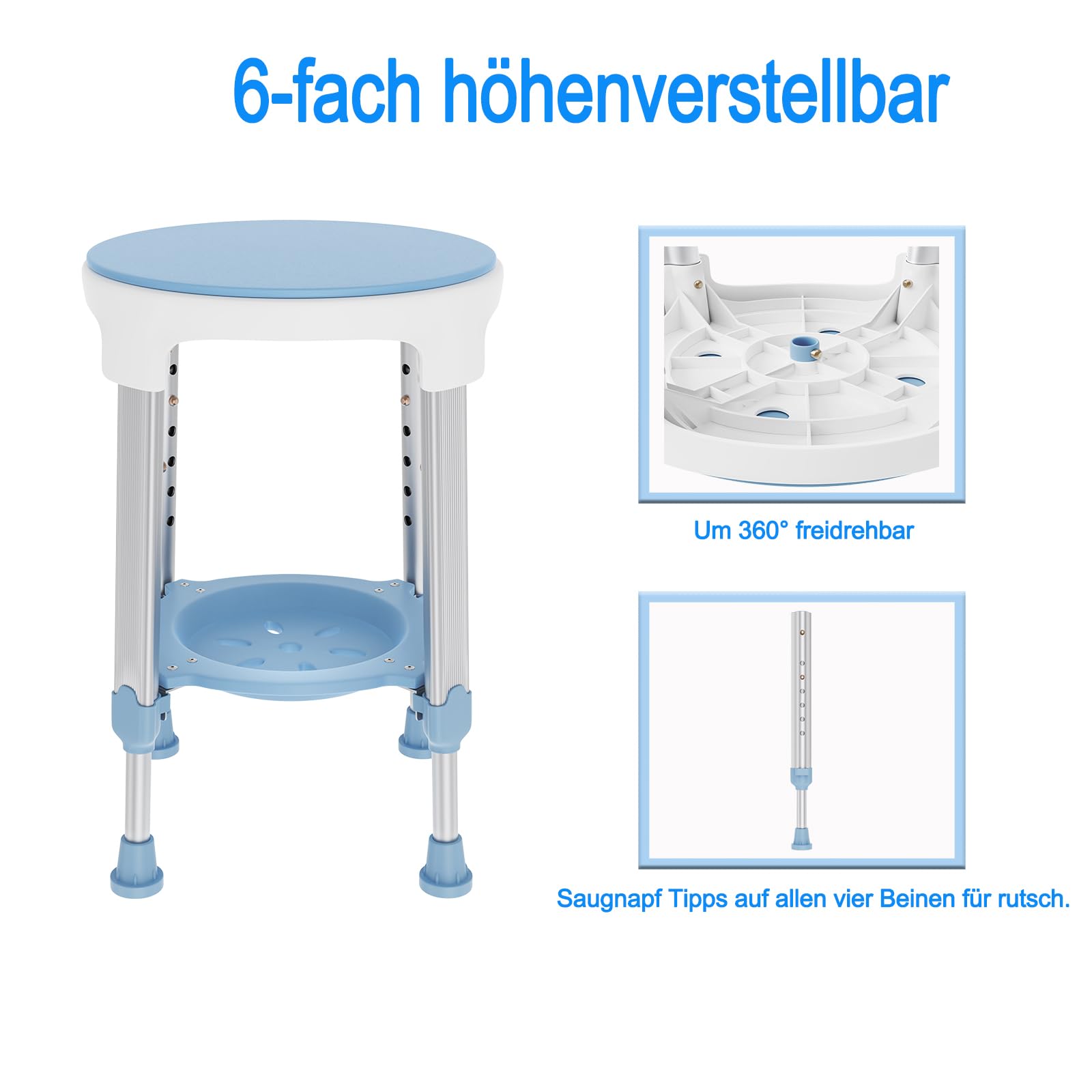 LILIIN Krzesło prysznicowe z tacą, obracany o 360° taboret prysznicowy, regulacja wysokości 42-54 cm, antypoślizgowe siedzisko łazienkowe z aluminium i tworzywa sztucznego, pomoc pod prysznic dla