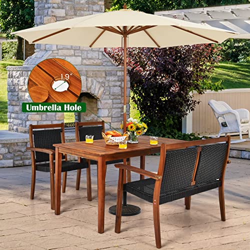 Tangkula 4 Pieces Patio Dining Set, Patiojoy Outdoor PE Rattan & Acacia Wood Dining Table Set with Umbrella Hole, Patio Armchairs and Rectangle Table Set for Garden, Backyard and Poolside