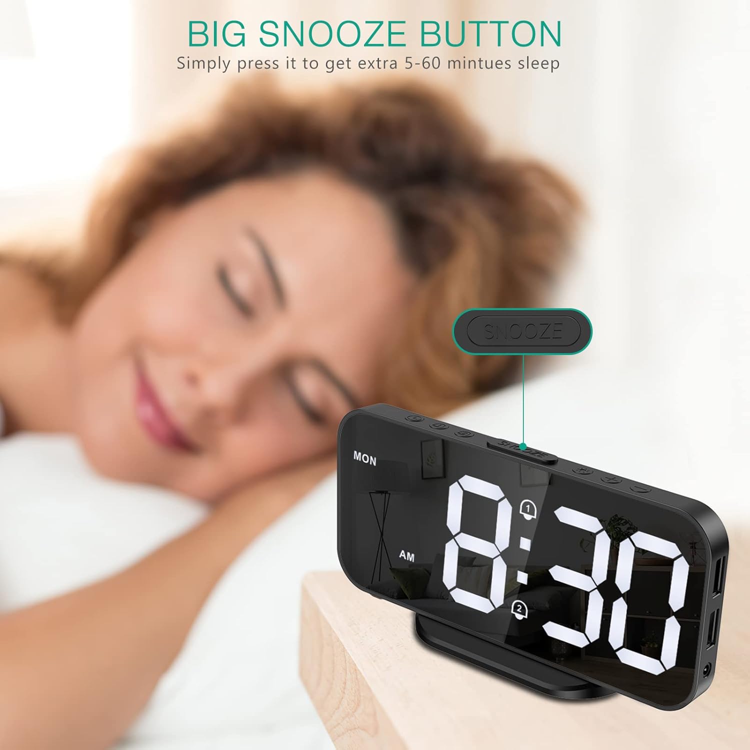 ORIA Alarm Clock LED, Bedside Digital Clock, 6.7 Inches Mirror Desk