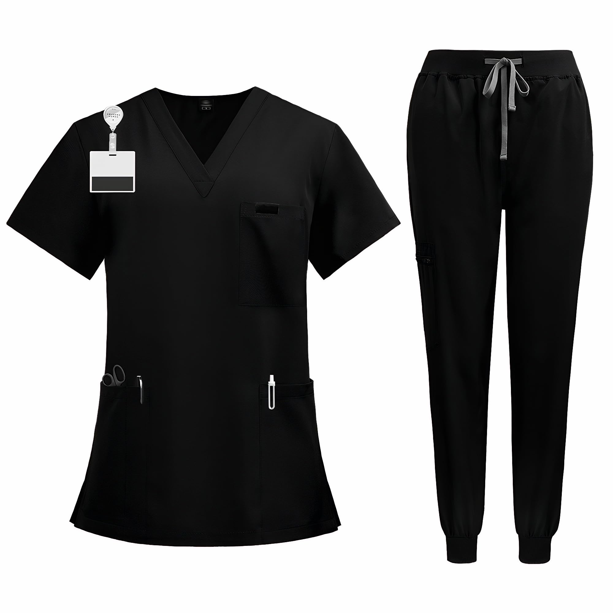 CK13 - Conjunto médico de manga corta con cuello en V y 3 bolsillos, pantalones elásticos que absorben la humedad, uniforme médico