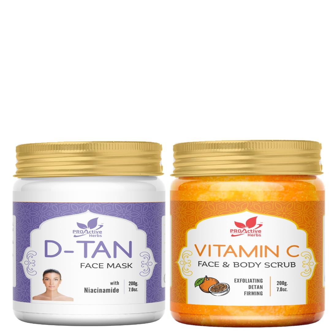 Proactive Herbs D Tan Face Mask & Vitamin C Face and Body Scrub Combo | Skin Brightening Tan Removal & Exfoliation | Anti-Acne Deep Cleansing Glowing Skin | Natural Ingredients |