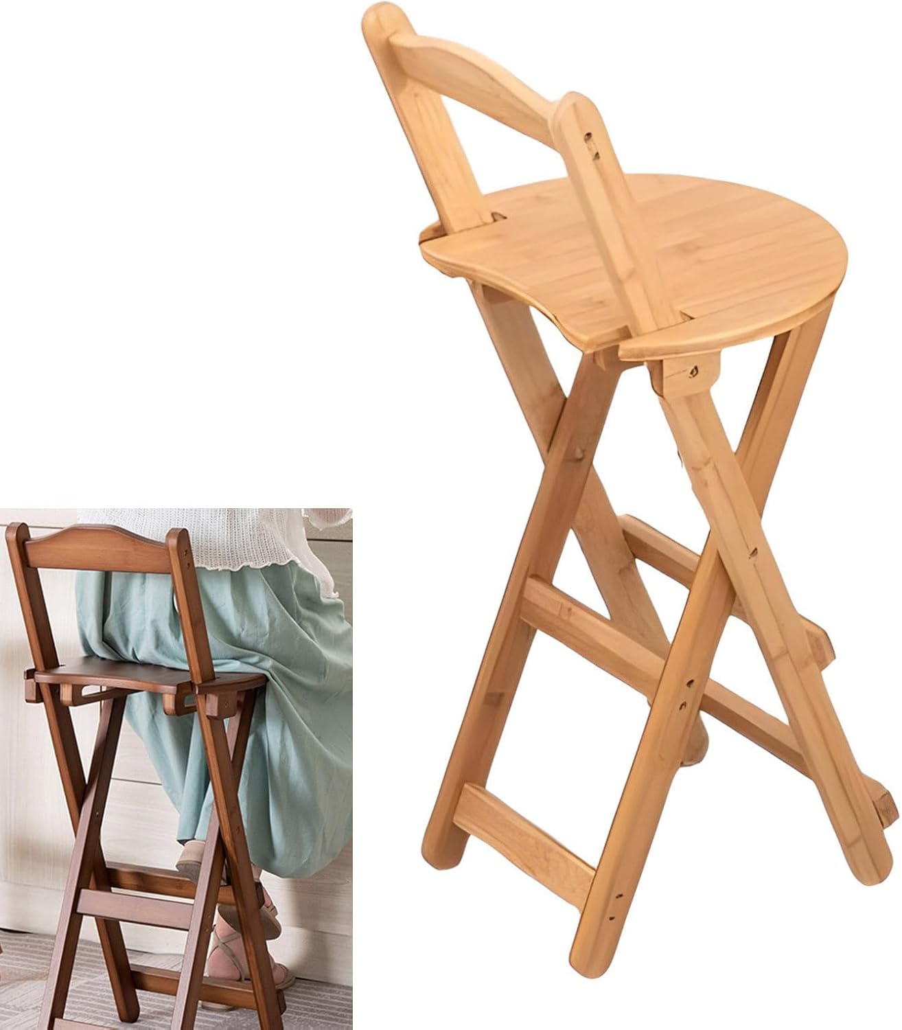 Pealihuy Folding Bamboo Bar Stool with Backrest and Footrest, Folding