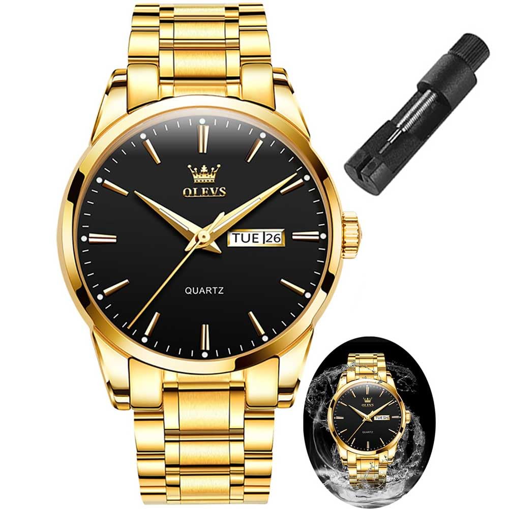 OLEVSMen's Luxury Watch Waterproof Luminous Easy Read Chronograph Watches Full Gold/White Dail/Black Face with Calendar Wristwatch