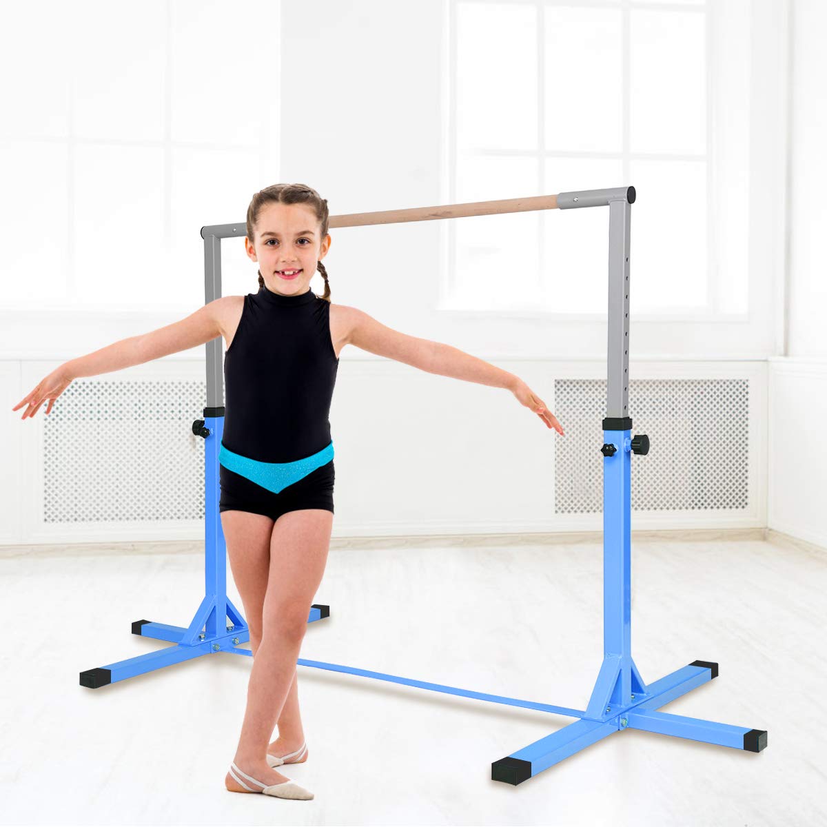 RELAX4LIFE Gymnastik Turnreck, Kinder Reck 12-stufig höhenverstellbar: 91 cm-150 cm, Turnstange mit stabilem Ständer & Doppelschlosssystem, Reckstange bis 100kg belastbar, aus Holz & Stahlgestell