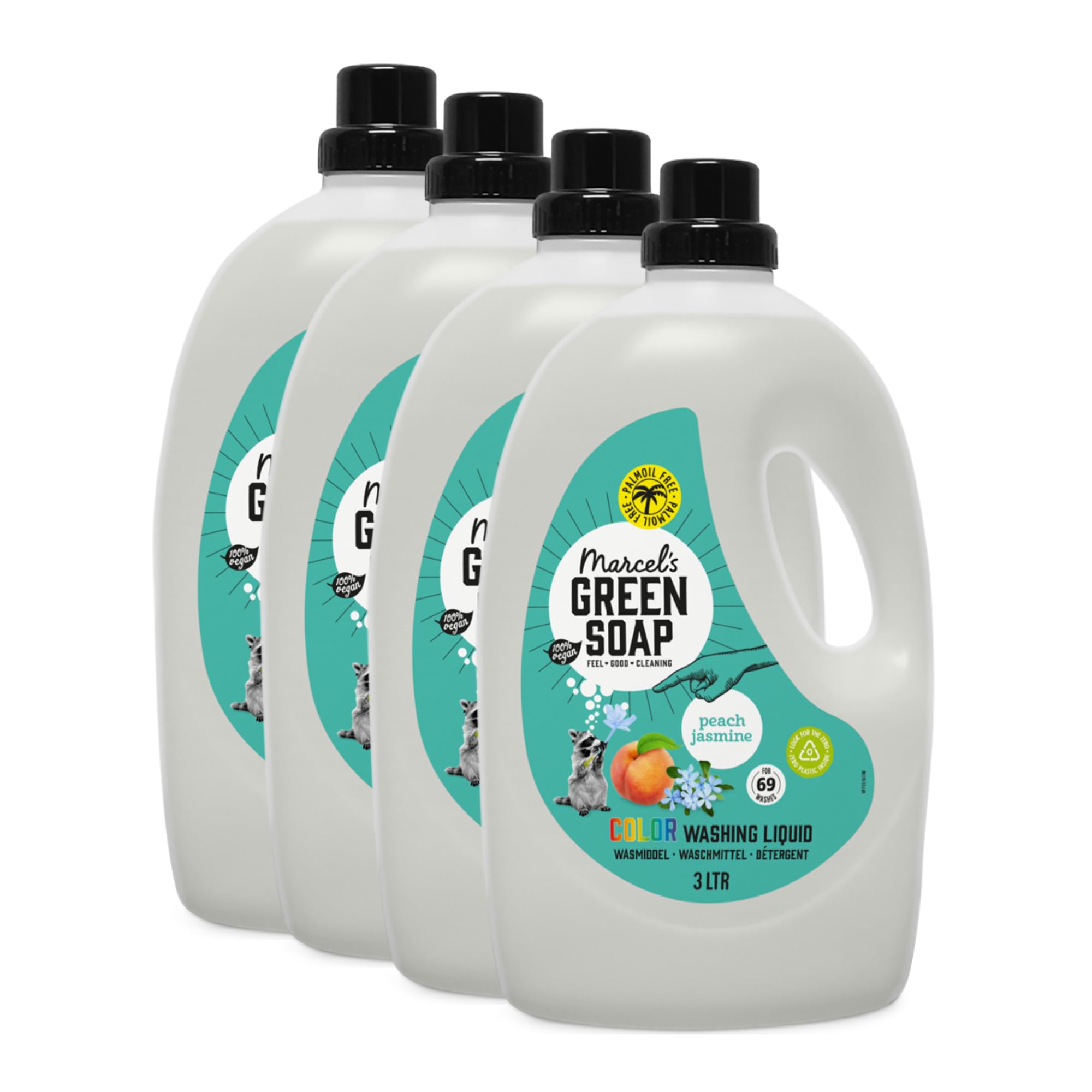 Marcel's Green Soap Farbwaschmittel Pfirsich & Jasmin - Vorteilspack - Mikroplastikfreie Formel - Vegan - 100% recycelte Plastikflasche - Nachfüllbar - 276 Waschgänge - 3L (4er Pack)