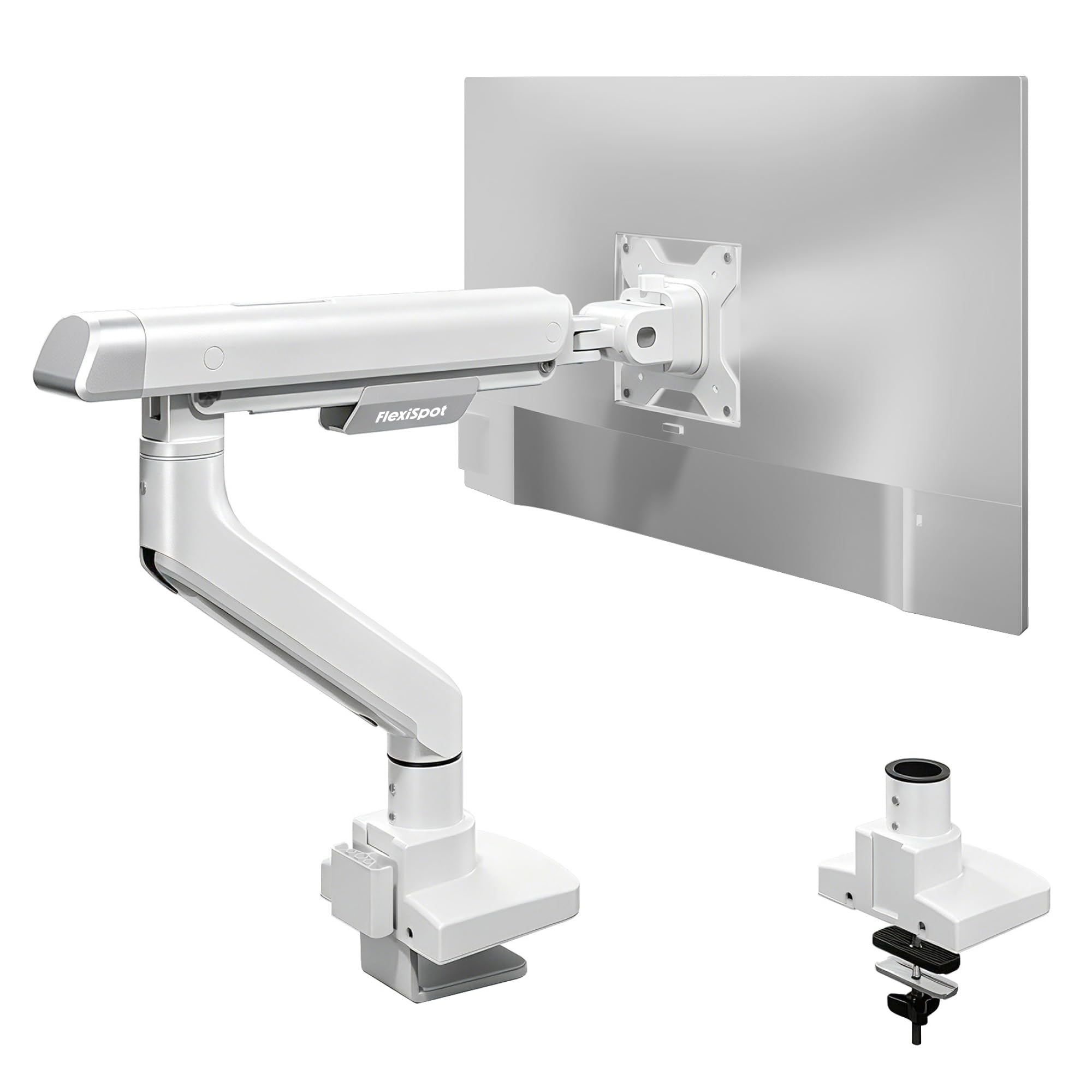 FlexiSpot Single Monitor Arm, Premium Aluminum Monitor Desk Mount Fits Screen up to 39 Inches, Fully Adjustable Monitor Stand with C-Clamp &amp; Grommet Base, Holds 6.61 to 26.46 lbs, White